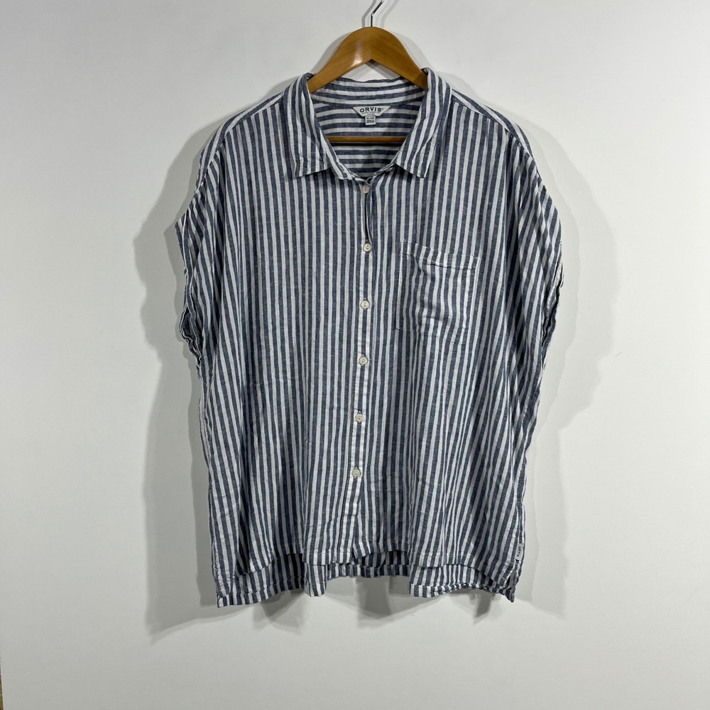 Orvis Fisherman Nautical Striped Linen Blend Button Down Shirt Womens XL Preppy